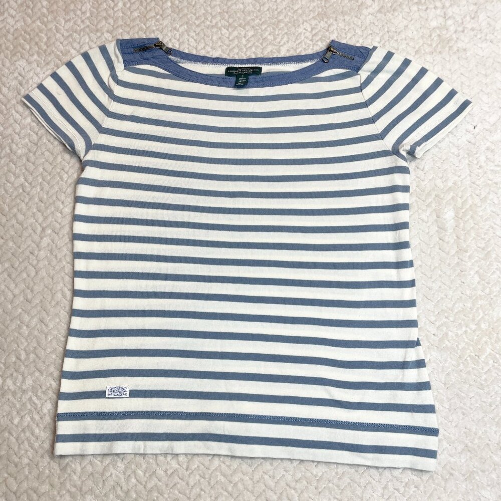 Lauren Jeans Co Blue cream striped Knit Top Zip accent Sleeve Shirt women SZ S‎